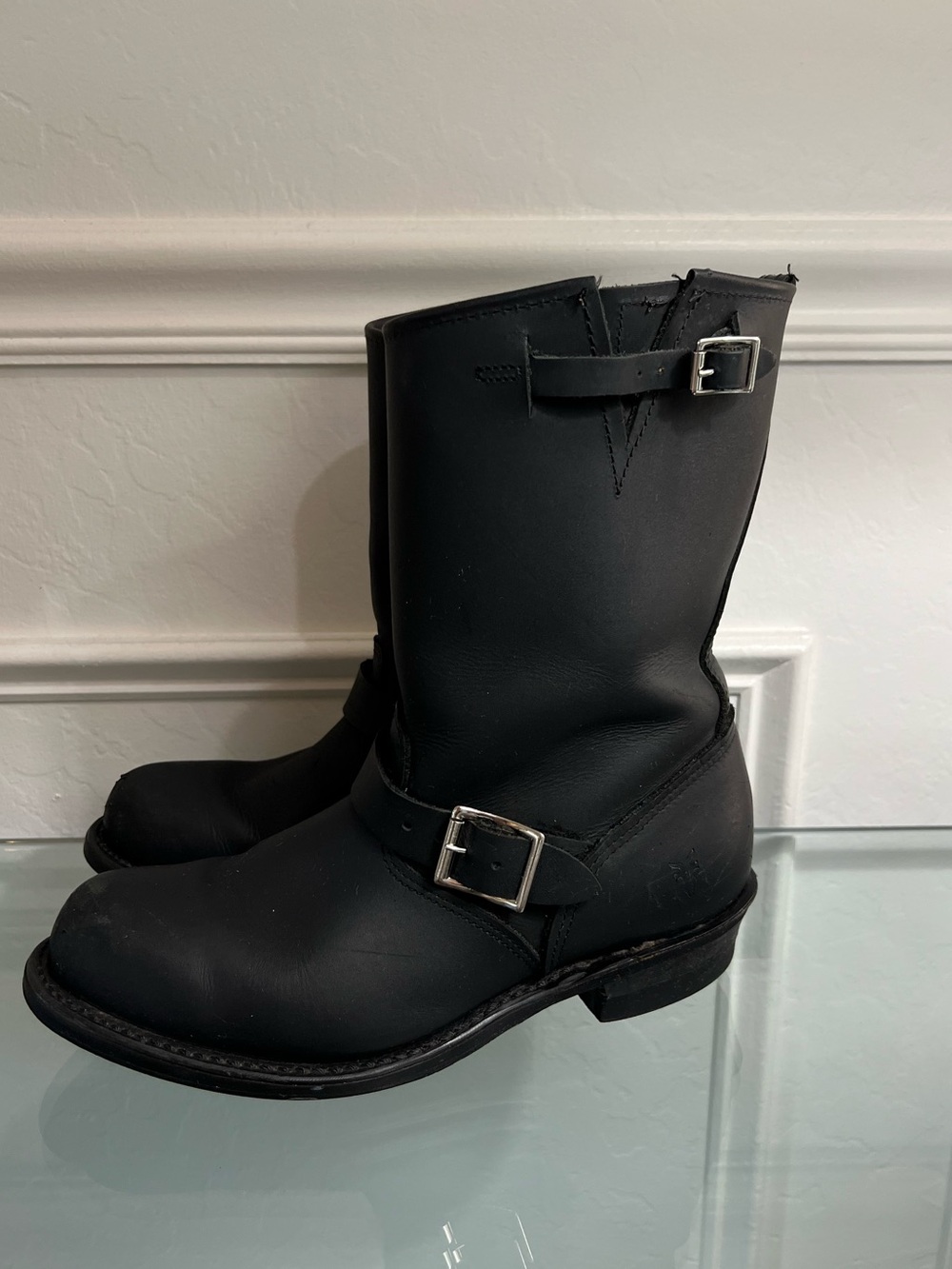 Frye Engineer 12R Black Leather Charcoal Heeled Boots Size 9.5-10